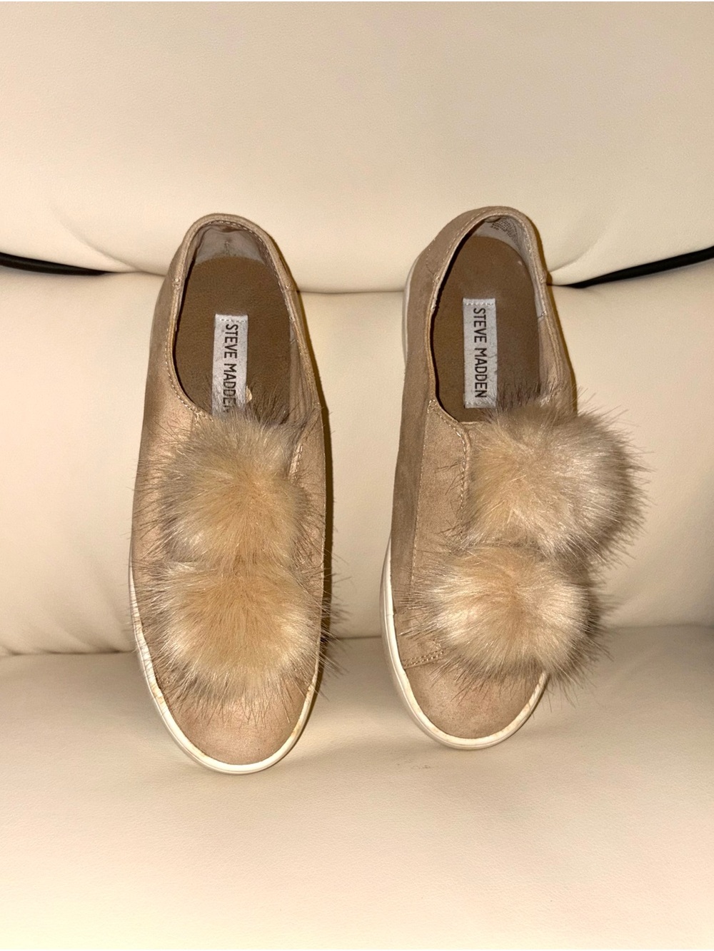 Steve Madden Taupe Slip-On Sneakers with Beige Fur Pom Poms